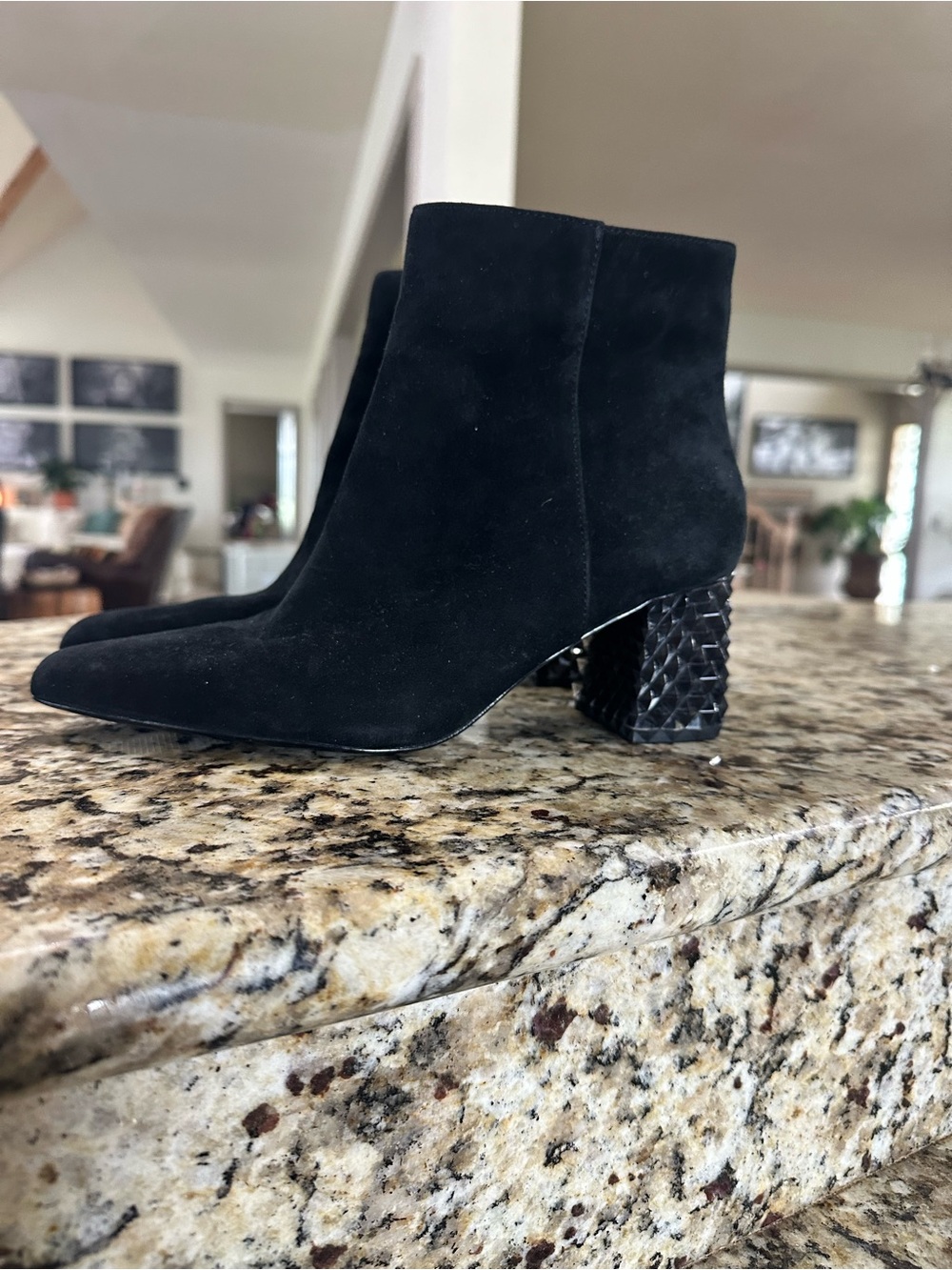 ANTONIO MELANI Black Suede Textured Block Heel Ankle Boots